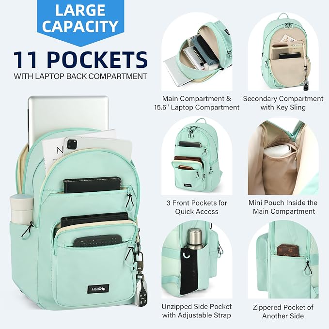 HanTrip Carry On Travel Backpack For Women, 18 Inch Water Resistant Large Backpack Lightweight Bookbag For Men, 8x14x18 Personal Item Bag Casual Daypack Backpacks For Work Office Commuter (Cyan) - Image 3