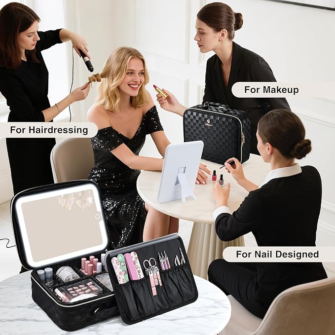 Faquenc Makeup Bag with LED Lighted Mirror 12.2 IN Travel Makeup Bag Adjustable Brightness in 3 Colors Cosmetic Organizer Artist Storage Bag with Dividers Brush Holder Bag Vanity Black Checkerboard - Image 2