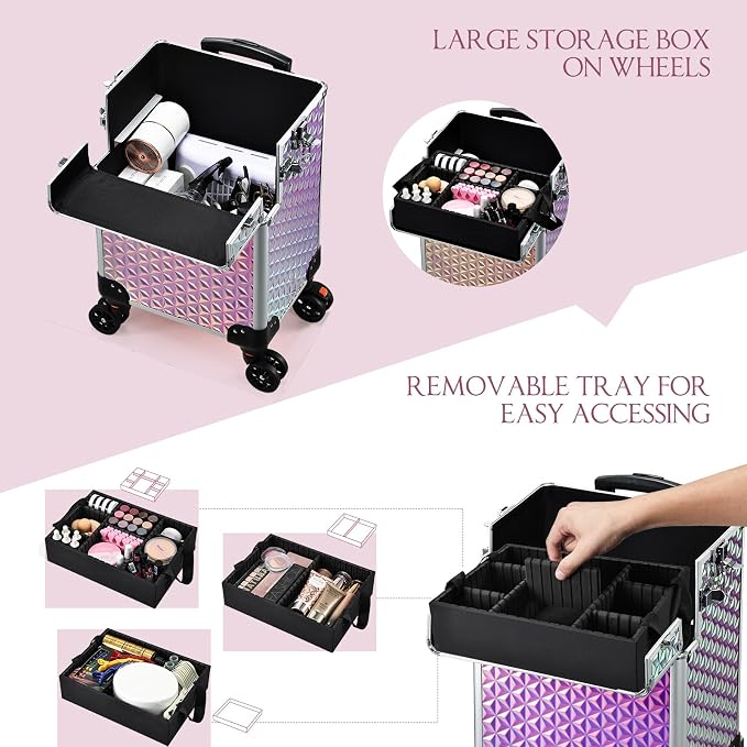 Rolling Makeup Train Case, 3-in-1 Makeup Trolley, Cosmetology Case on Wheels, Travel Makeup Organizer Case for Salon Barber Cosmetology Students, Nail Technicians, Hairstylists, and MUAs, Shiny Pink - Image 5