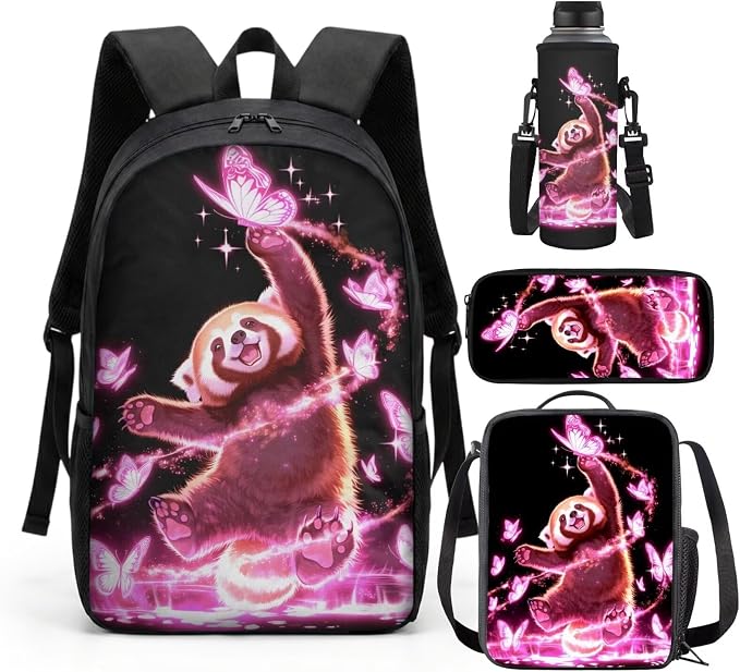 Red Panda Kids Backpack and Lunch Bag Set : 17in Elementary School Bookbag with Lunch Box - 4 in 1 Galaxy Book Bag for 1-3 Grade Girls 6-8/8-10 by SCRAWLGODDreamWardrobe