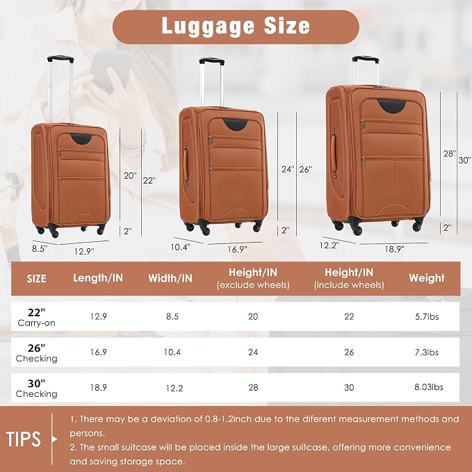 Merax Softside Luggage Set Softshell Lightweight 3 Piece Spinner Suitcase | Travel Suitase with TSA Lock Spinner Wheels Lightweight Upright Luggage,Orange - Image 2