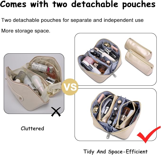 BOYATU Travel Makeup Bag Organizer Cosmetic Bag: 3 Pcs Set Make up Bags for Women with Handle - Waterproof Vegan Leather Toiletry Bags Travel Essentials Pouch with Compartments (C-07-Gold) - Image 5