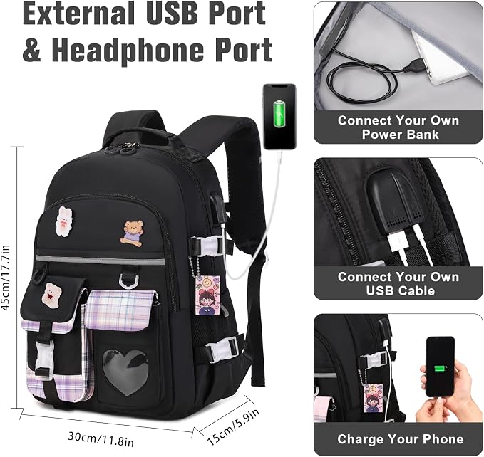 ACESAK Backpack for Girls - Bookbag Backpacks Schoolbag for Girls Kids Teen Women Casual Travel Daypacks - School Bag Elementary Middle School College Cute Backpack with Lunch Box (Black Purple) - Image 3