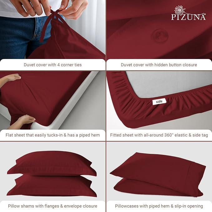 Pizuna Pure 100% Long-Staple Cotton Duvet Cover + Sheet Set Queen, Luxurious 400 Thread Count Long Staple Cotton, Soft Sateen Weave Bedding Set (Rio Red) - Image 4