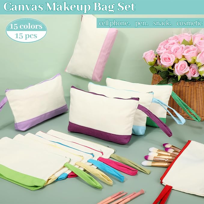 Silkfly 15 Pcs Cotton Canvas Makeup Bags Cosmetic Zipper Bags 10.2 x 5.5 x 2'' Blank DIY Pouch Bulk Pencil Case with Bottom Travel Toiletry Pouch for Women Craft Decor Gift (Novel Colors) - Image 4