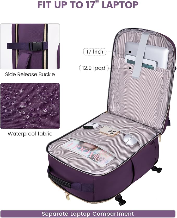 LOVEVOOK 50L Travel Backpack for Women & Men, Airline Approved Carry On Luggage with 3 Packing Cubes, TSA Overnight Bags, Waterproof Personal Item Bag, Weekender Essentials Backpacks fits 17" Laptop - Image 8