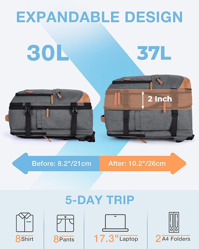 BAGSMART 37L Expandable Travel Backpack Compression Carry On Daypack | Black and White weekender bag fits 17" laptop. Water resistant luggage with packing cubes and shoe pouch. - Image 3