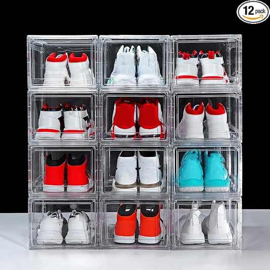 12 Pack Shoe Boxes, Rigid Clear Acrylic Panels Sneaker Display Cases | Magnetic Stackable Drop Front Shoe Storage Container Fits Men’s Size 15 by BSFHH