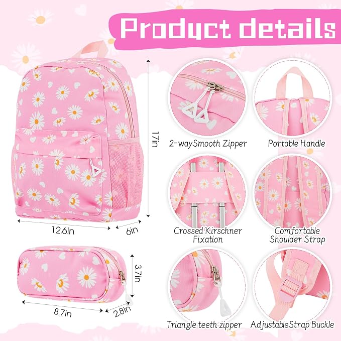 Redbaker 6 Pcs Kids Luggage Set, 17 Inch Rolling Suitcase with Backpack Lunch Bag Neck Pillow, Pink Daisy Travel Set for Summer Vacation Sleepover Back to School Gift - Image 3