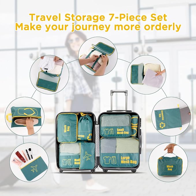 AiQInu Suitcase Organiser Set 7 Pieces Waterproof Packing Cube Suitcase Organiser Packing Cubes Shoe Bag Clothes Bags for Suitcases - Image 3