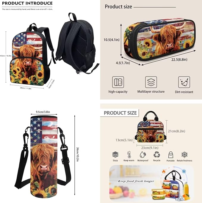 POLERO Kids School Backpack Set American Flag Sunflower Highland Cow Print Bookbags with Lunch Box for Middle Elementary School - Image 3