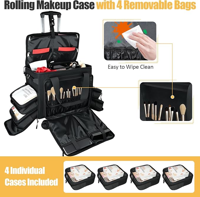 Rolling Makeup Train Case Rolling Cosmetic BagRolling Medicine Bag with 4 Removable Bags, with Brushes Storage Section. with Detachable Dividers (Patent Design)(Black) - Image 3