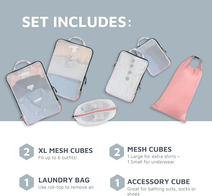 Large Packing Cube Set with See Through Mesh- Compression Packing Cubes Travel Organizers by TRIPPED Travel Gear (Dusty Rose) - Image 2