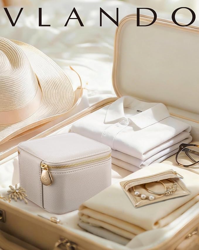 VLANDO Travel Jewelry Case,Valentines Gifts,Small Jewelry Box Organizer,Travel Jewelry Storage with 6 Velvet Jewelry Zipper Pockets, Birthday Gifts for Women Girls (White) - Image 8