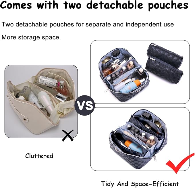 BOYATU Travel Makeup Bag Organizer: 3 Pcs Set Large Capacity Cosmetic Bags Holds 10–20 100ml Full-Size Bottles - 180°Open-Flat Make up Case 3-sec touch-up - Toiletry Bag Gift women (03-A-Dark Blue) - Image 2