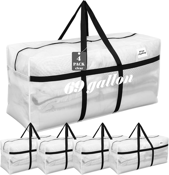 Windyun 4 Pack 69 Gallon Extra Large Moving Bags XXL Heavy Duty Storage Bag with Strong Zipper Handle Jumbo Big Tote Box Foldable for College Dorm Travel Clothes Duffle Blanket Pillow(Transparent) - Image 2