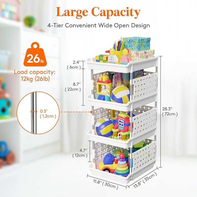 Lifewit Plastic Stackable Storage Baskets, 4 Tier Stacking Bins for Food and Clothes, Multifunctional Organizer for RV, Kitchen, Playroom, Pantry, White, 35 x 30 x 72 cm/14 x 12 x 28 inch, 2 Pack - Image 3
