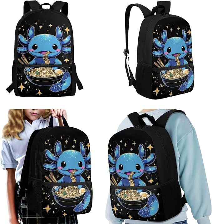Blue Axolotl Backpack with Lunch Box Kids Girls 6-8/5-7 Ramen Bookbag for 1st Grade Lunch Bag Pencil Case 3 in 1 Set Anime Back Pack Toddler Teen Elementary School Book Bags Preschool - Image 2