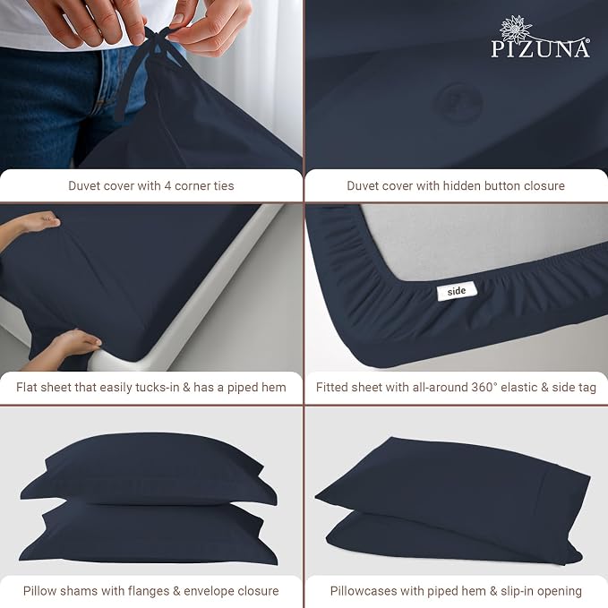 Pizuna Pure 100% Long-Staple Cotton Duvet Cover + Sheet Set Full, Luxurious 400 Thread Count Long Staple Cotton, Soft Sateen Weave Bedding Set (Dark Blue) - Image 4