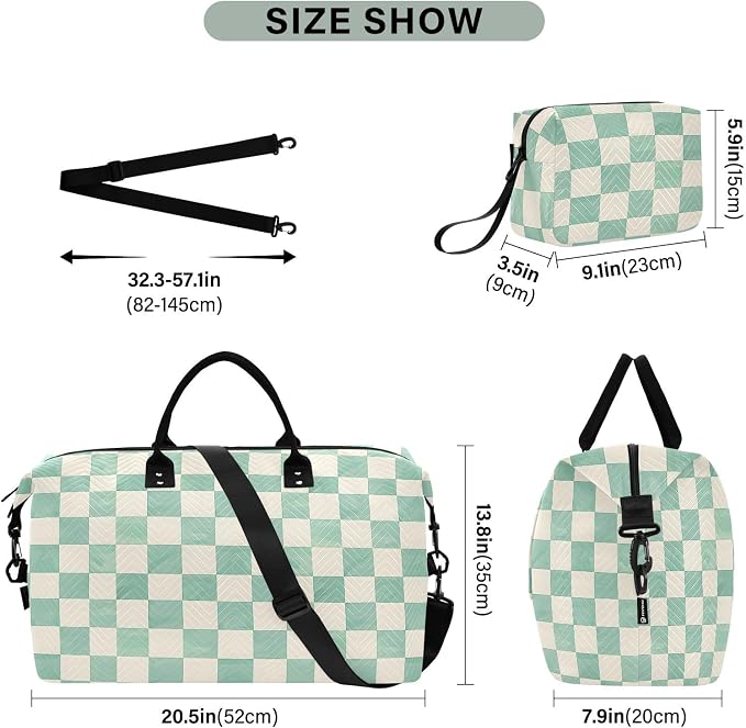 senya Weekender Bags Travel Duffel Gym Bag Mint Cream Checkerboard Carry on Overnight Tote Bag with Toiletry Bag for Airplane Travel Trip Gym Yoga, g366833926p1006c1071s2442 - Image 3