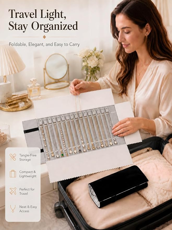 Travel Necklace Organizer, Tangle Free Jewelry Case, 16 Slots | Foldable,LightWeight Compact, Velvet Lining Jewelry Storage Bag for Chain Bracelet, Gift for Women Girls,Black and Gray - Image 6