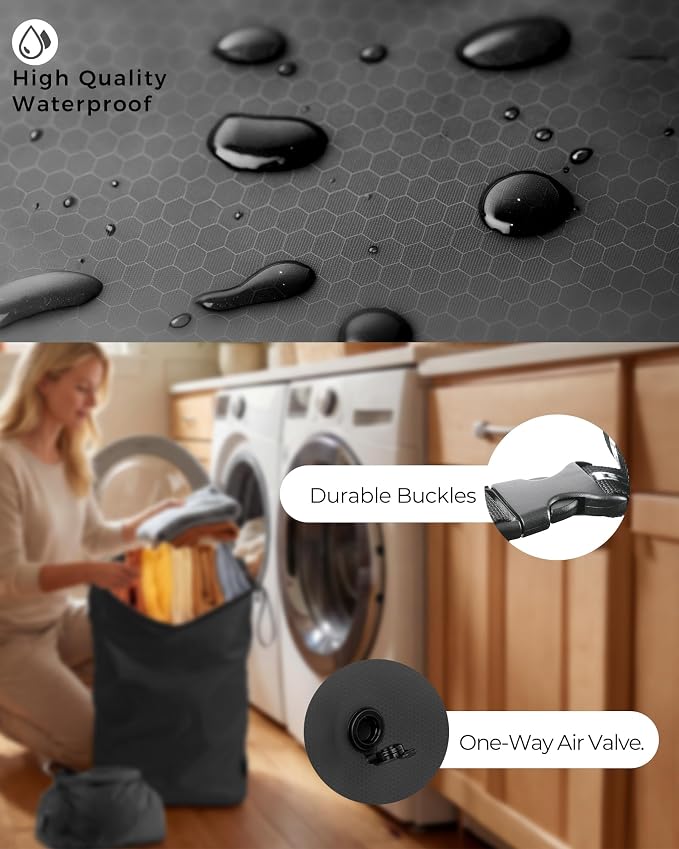 Travel Laundry Bag, Pump-Free Vacuum Compression Dirty Clothes Bag, Reusable Waterproof & Washable Laundry Bag, Wet and Dry Bag, Ideal for Suitcases, Road Trip Essentials (2 Pcs, M+L) Black - Image 5