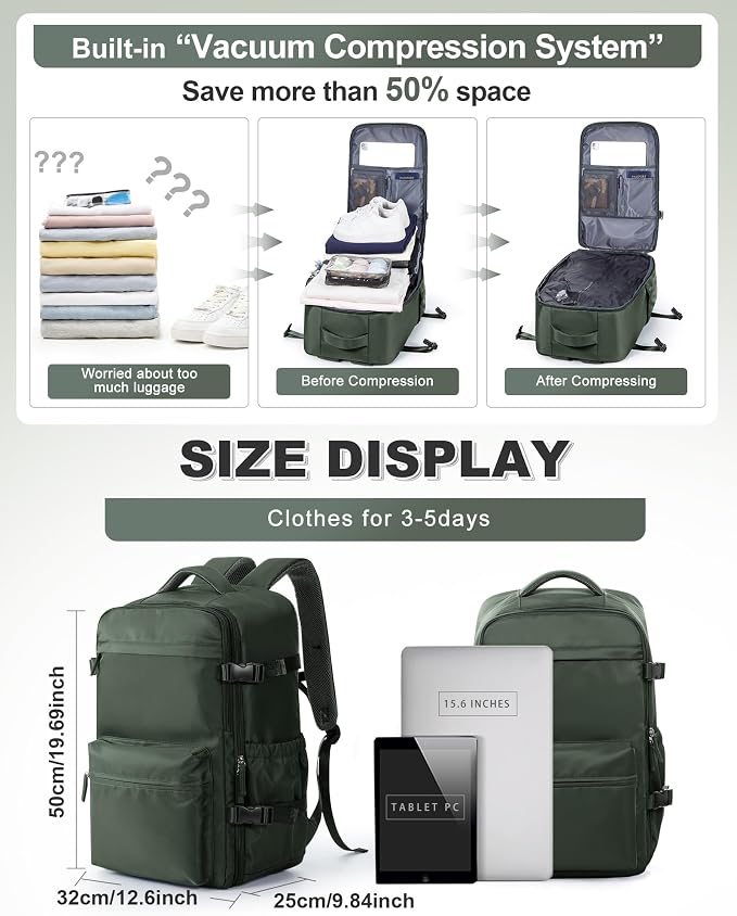 winspansy Vacuum Backpack Travel Essentials with Air Pump Compression Bags for Travel Carry on Flight Approved Seal Vacpack Personal Item Backpack with Vacuum System for Women Men Dark Green - Image 2