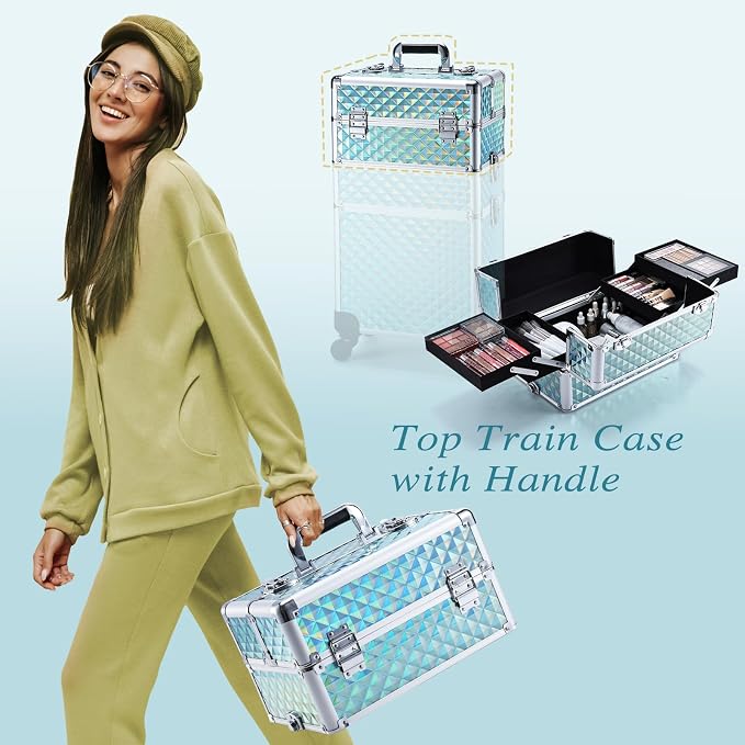 Faquenc 3 in 1 Rolling makeup case Cosmetology Case on Wheels Train Case Makeup Organizers Storage Cart Cosmetic Trolley Travel Barber Suitcase for Make up Artist Nail Tech Hair Lockable, Shiny Mint - Image 3