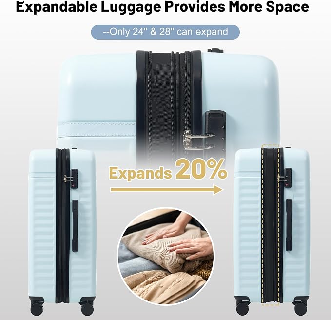 Merax Luggage Sets, Durable Hardshell 3 Piece Suitcase with Bags | Lightweight Carry on Luggage with Double Spinner Wheels and TSA Lock,20+24+28 inches,Light Blue - Image 3