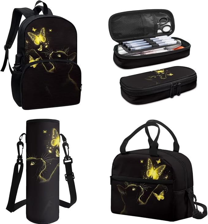 Black Cat Yellow Bling Butterfly Student Backpack Set 4 In 1 School Bag Laptop Backpacks Lunch Bag Pencil Holder Pouch Bag Daypack for Preschool Kindergarten Elementary Middle School - Image 2