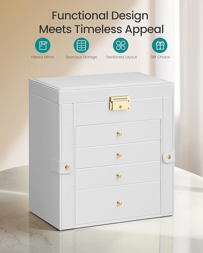 SONGMICS Jewelry Box Organizer, 5-Layer with 4 Drawers, Cream White | Jewelry Storage Case with Lock and Mirror, Large Storage Capacity, for Necklaces, Watches, Gift for Loved Ones UJBC153WD01S - Image 3