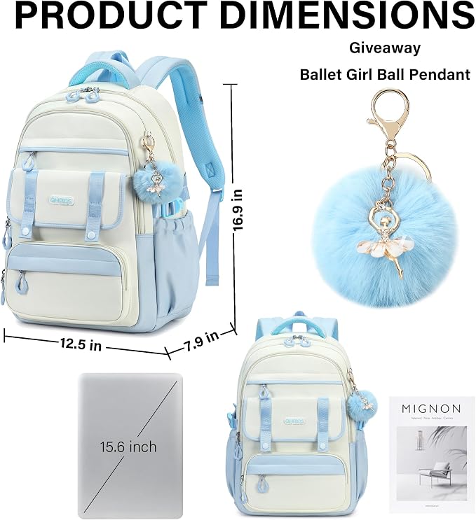 School Backpack for Girls, 3PCS Laptop Backpack 15.6 Inch with Lunch Box Pencil Pouch Set for Kids Teens Elementary Middle High School College Bookbag Student Casual Travel Daypack,Blue Beige - Image 6