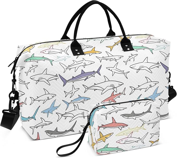Weekender Bags Travel Duffel Gym Bag Carry on Overnight Tote Bag with Toiletry Bag for Airplane Travel Trip Gym Yoga (Drawing Sharks 2) by senya