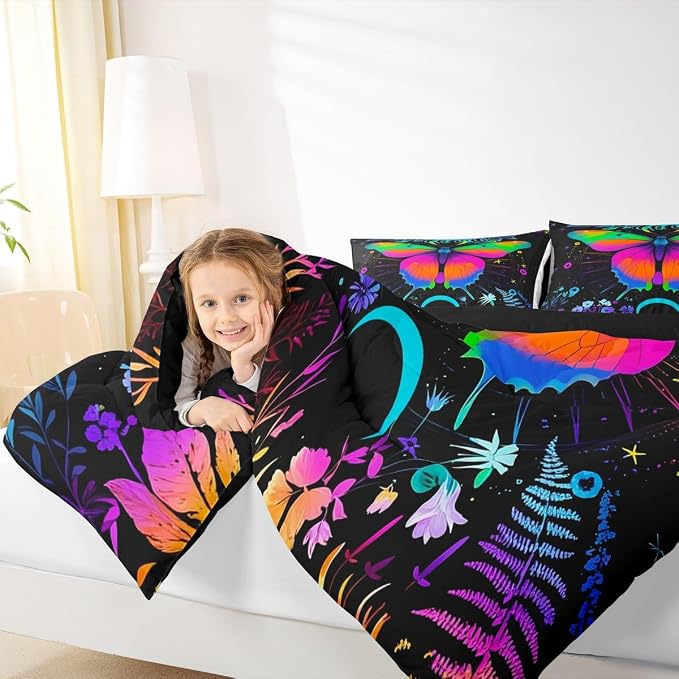 Erosebridal Moth Comforter Set King Hippie Psychedelic Sun and Moon Bedding Set,Purple Blue Ombre Galaxy Floral Botanical Comforter for Girls Teens Women Stars Planet Quilt Duvet 2 Pillowcases - Image 6