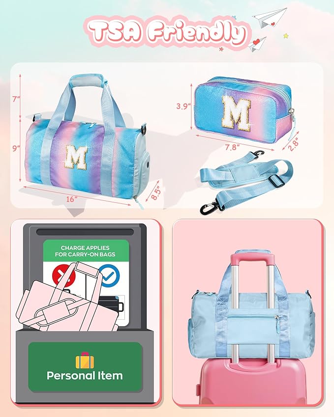 Birthday Gifts for 3 4 5 6 7 8 9 10 11 12 Year Old Girls-Girl Gym Bag with Shoe Compartment, Kid Personalized Weekender Overnight Bags, Initial Travel Tote with Makeup Pouch (Letter B) - Image 3