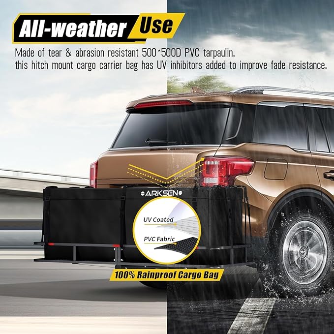 ARKSEN Waterproof Hitch Cargo Carrier Bag for 20" x 60" Baskets, 15 Cubic Feet Large Capacity Luggage Storage (58" L x 19" W x 24" H) for Car Truck SUV RV or Trailer - Image 2