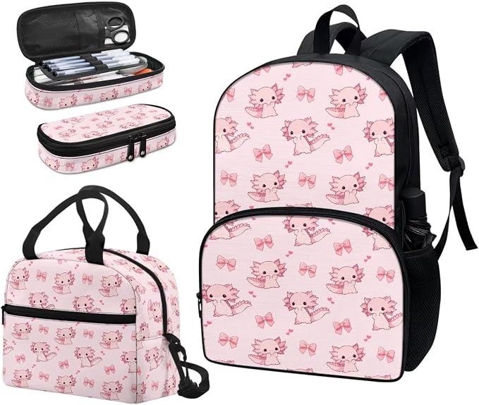 3Pcs Axolotl Bow Backpacks Set for school, Kids Bookbag Students Knapsack with Insulated Lunch Box Pencil Case for Teens Girls - Image 6