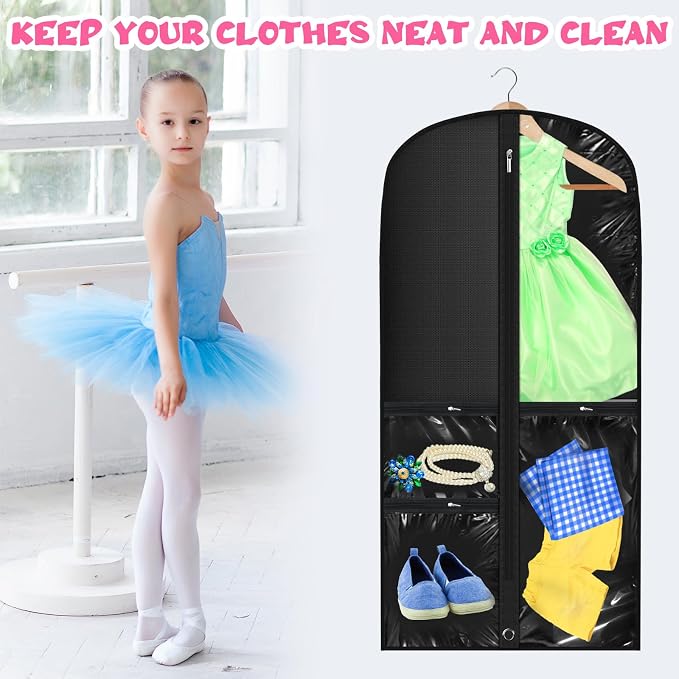 Windyun 10 Pack Garment Bags for Dance Costumes Kids 40 Inch Clothing Bags Hanging Clothes with 3 Clear Zipper Pocket Waterproof Garment Cover for Dance Competition, Travel, Closet Storage(Black) - Image 5