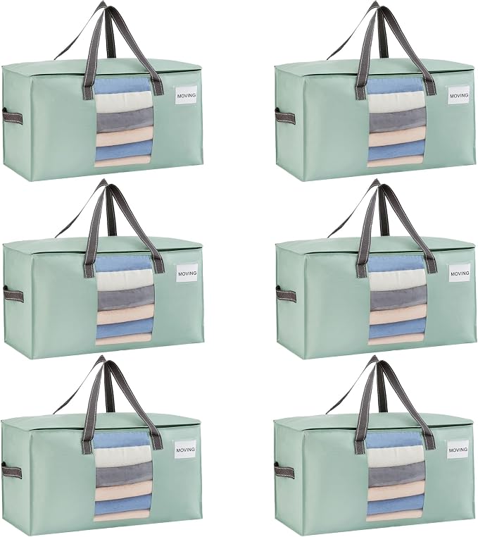 VENO 6 Pack Heavy Duty Moving Bags, Clothes and Comforter Storage Bags with Clear Window, College Dorm Essentials Packing Supplies, Foldable Boxes Alternative (Light Green Matte, 6 Pack) by Veno