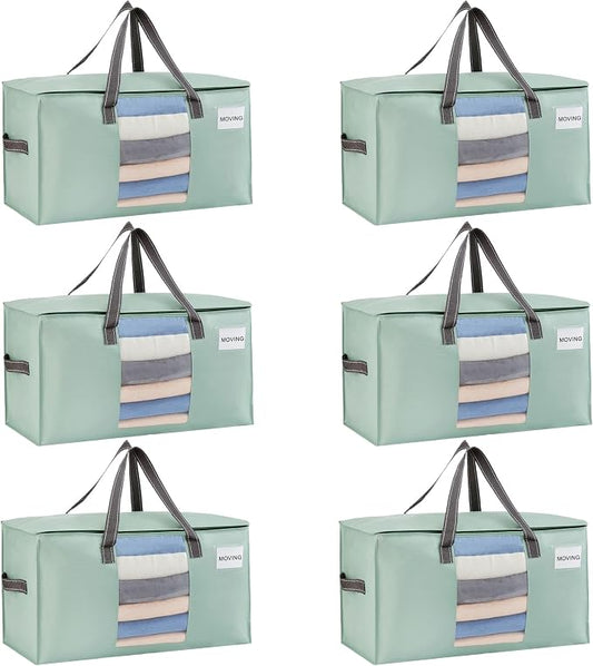 VENO 6 Pack Heavy Duty Moving Bags, Clothes and Comforter Storage Bags with Clear Window, College Dorm Essentials Packing Supplies, Foldable Boxes Alternative (Light Green Matte, 6 Pack) by Veno