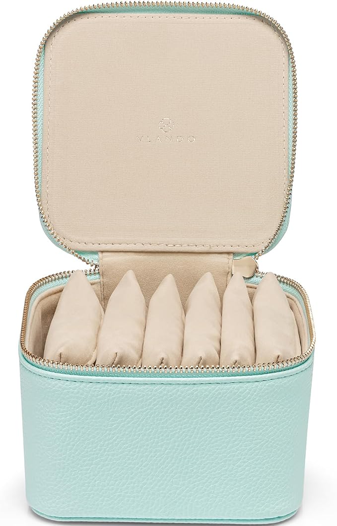 VLANDO Travel Jewelry Box for Women Faux Leather Jewelry Box with 6 Velvet Jewelry Zipper Pockets Earrings Necklace Rings Storage Boxes Christmas Gift for Mom Wife(Lake Blue) - Image 7