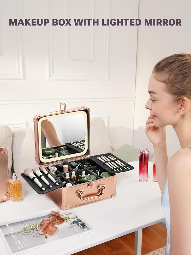 Qislee Makeup Box with A Detachable Lighted Mirror, Waterproof Travel Train Case, Cosmetic Organizer and Makeup Suitcase with Adjustable Dividers, Magnetic LED Mirror(Rose Gold) | Makeup Organizer, Cosmetic Travel Bag for Women, Adjustable Dividers, Br... - Image 6