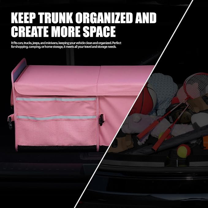 LIBZAKI Car Trunk Storage Organizer, Multi Compartment Collapsible Trunk Storage Box for Car Truck SUV-Pink - Image 5