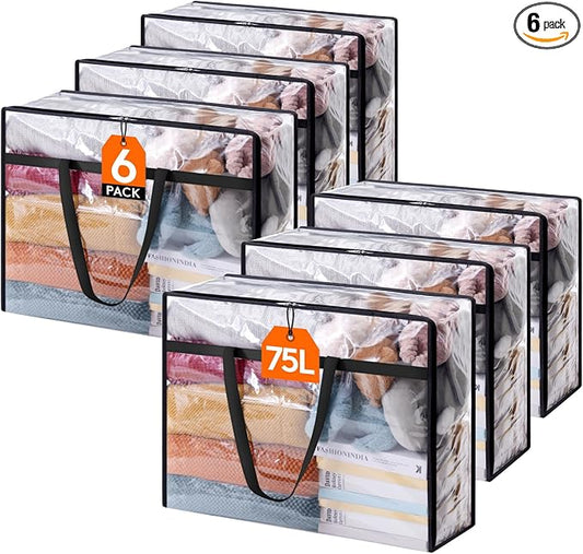 Lifewit 6 Pack Clear Clothes Storage Bags, 75L Plastic Blanket Storage Bag, Vinyl Foldable Moving Bags with Zipper, Closet Organizers and Storage Containers for Bedding, Duvet, Comforter by Lifewit