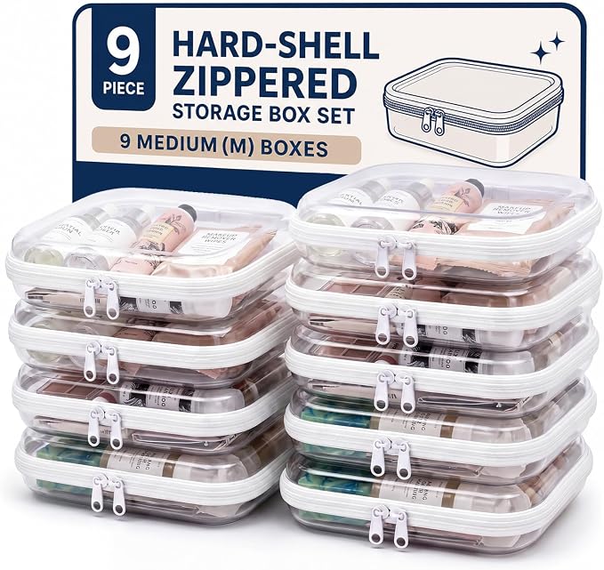 Dimore 9 Pack Medium Clear Hard Shell Zipper Case, 9.5x7x2 Inch Versatile PVC Organizer Box with Zipper, Multi-Purpose Storage Pouch for Makeup, Toiletries, Office Supplies, Chargers by Dimore