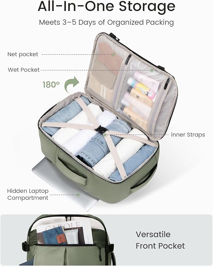 LOVEVOOK 40L Travel Backpack for Women Men, Airline Approved Carry On Luggage with 3 Cubes Accessories, TSA Personal Item Travel Cruise Essentials, Waterproof Weekender Overnight Bags fits 17" Laptop - Image 3
