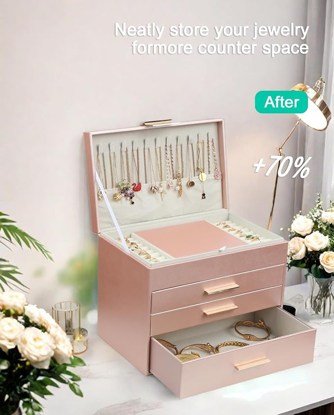 BOOVO Jewelry Boxes for Women, White and Black 6 Layer Large Jewelry Box for Necklace, Bracelet, Earrings, Rings Storage, Jewelry holder Organizer for Girls Gift (Rose Gold, 5 Layer) - Image 7