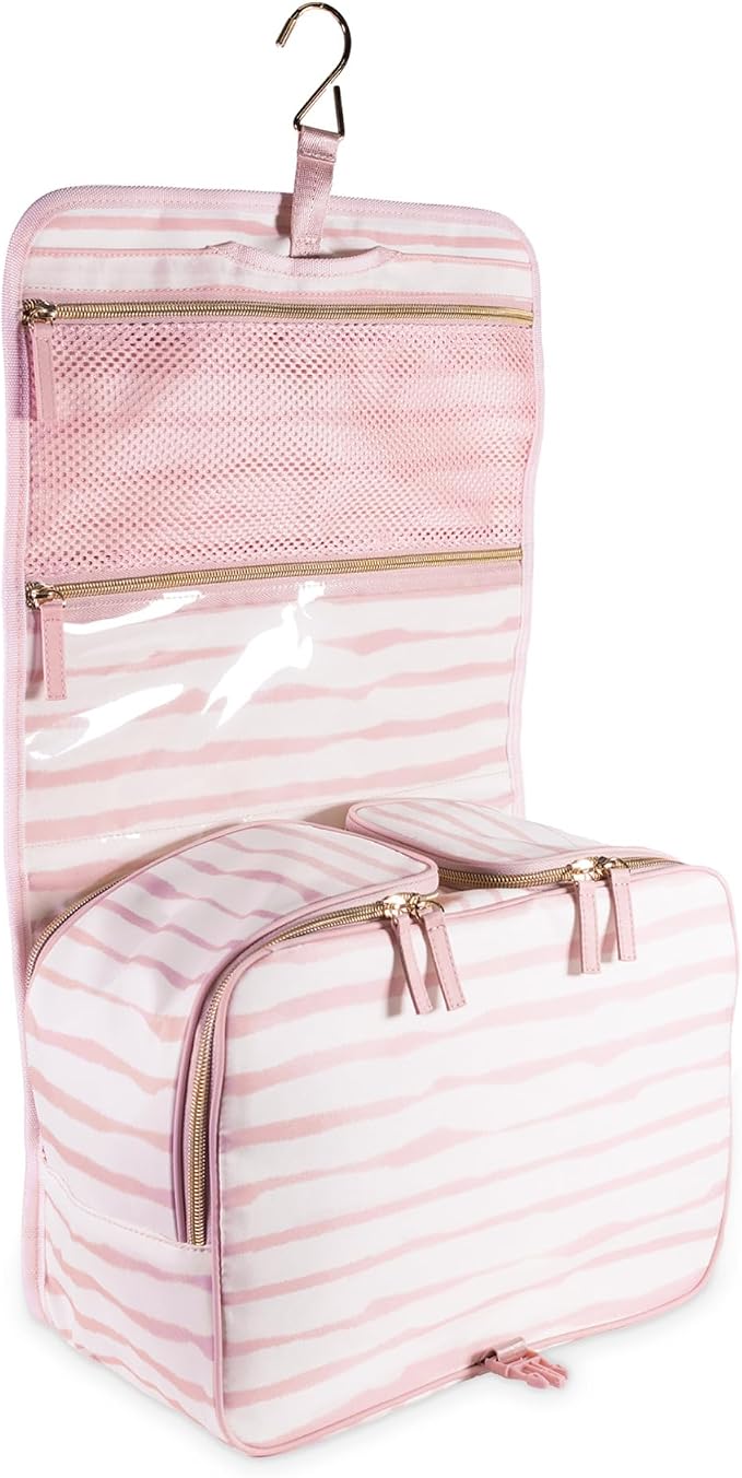 kate spade new york Hanging Toiletry Bag, Goddess Stripe | 8.5" x 12.75" x 6" Travel Organizer with Gold Hook, 2 Large Bottle Compartments, Mesh & Clear Pockets, Nylon & Mesh - Image 4