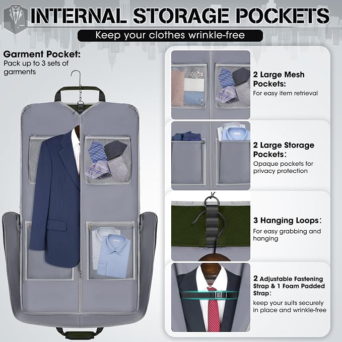RAINSMORE Garment Bags for Travel Carry On Garment Bag for Hanging Clothes, Suit Bag for Business Trips with Shoes bag & Shoulder Strap, Waterproof Foldable Suit Luggage Bag for Men Women, Green - Image 2