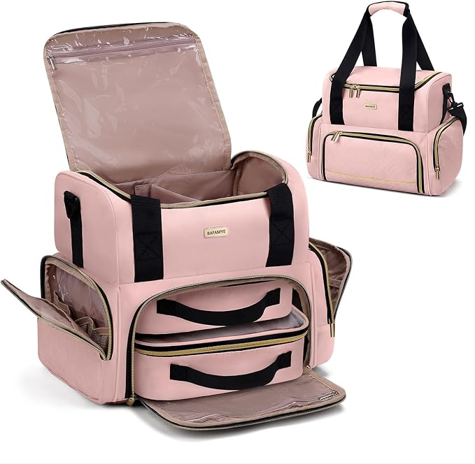 BAFAMYE Large Makeup Cosmetic Bag with 2 Removable Case, Double Layer Travel Makeup Organizer Case, travel Toiletry Bag For Women, Pink by BAFAMYE